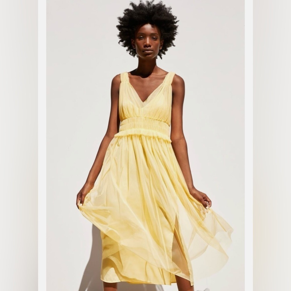Zara Yellow Layered Tulle Flowy Sheer Midi Dress size medium